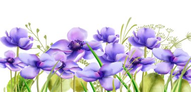 Purple watercolor orchid flowers with green leaves. Wide banner