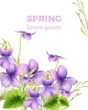 Watercolor spring purple flowers with green leaves