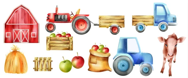 Veículos agrícolas aquarela e conjuntos de edifícios. Vaca, trator com reboque, maçãs em caixa de madeira, fazenda vermelha e palheiro — Vetor de Stock