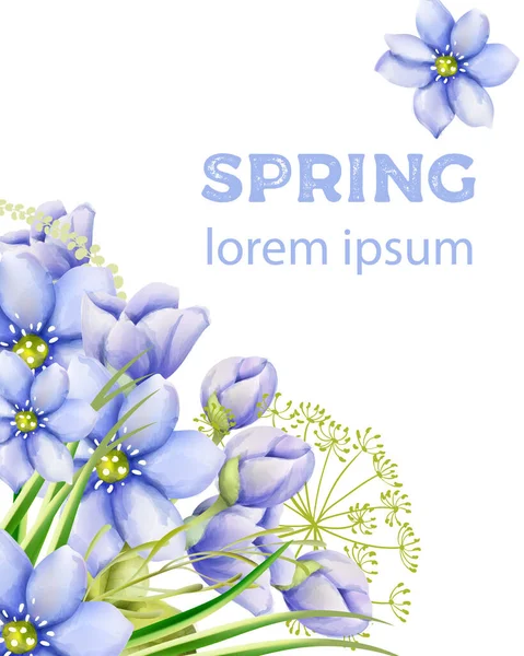 Фіолетові акварельні весняні квіти з зеленим листям — стоковий вектор