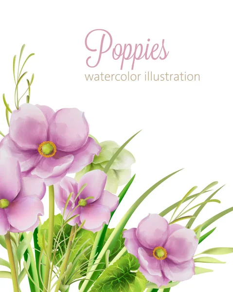 Watercolor purple poppies flowers with leaves. Place for text — 图库矢量图片
