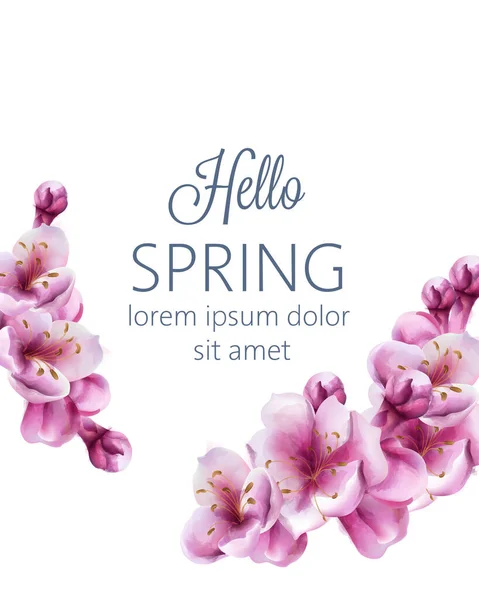 Hello spring cherry blossom flowers greeting card with place for text — ストックベクタ