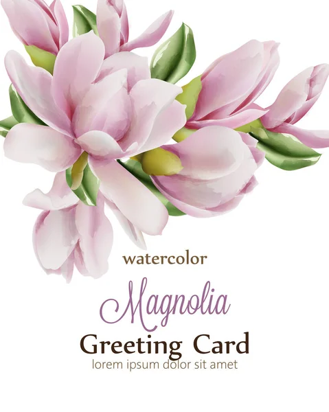 Watercolor magnolia flower greeting card with green leaves — Stockvector