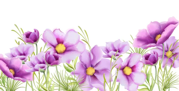 Watercolor purple daisy flowers with green leaves banner — Stockvektor