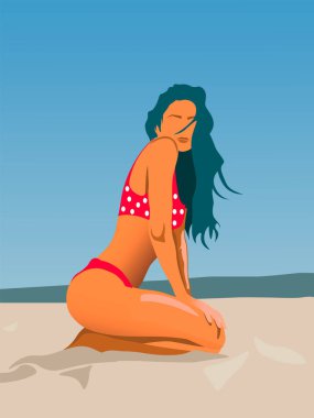Young girl in red beachwear with beautiful body shape relaxing at the beach