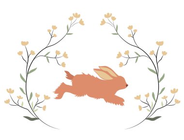 Orange rabbit running through wreath of flowers. Happy easters