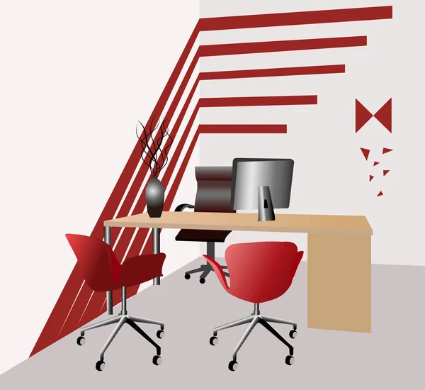 Espacio de trabajo tridimensional con flores, ordenador y sillas para invitados — Vector de stock