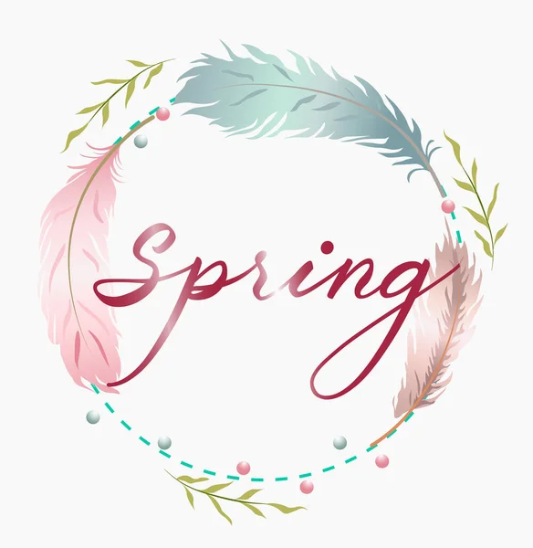 Grinalda de primavera com penas coloridas. Lugar para texto — Vetor de Stock