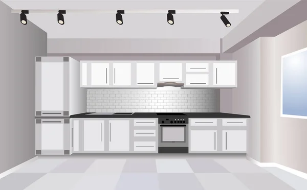 Трехмерная современная кухня белого цвета с холодильником, плитой и большим пространством — стоковый вектор