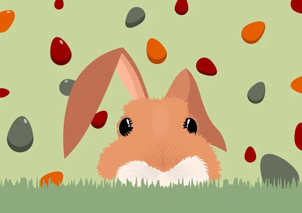 Lapin orange moelleux se cachant dans l'herbe verte. Œufs colorés sur fond — Image vectorielle