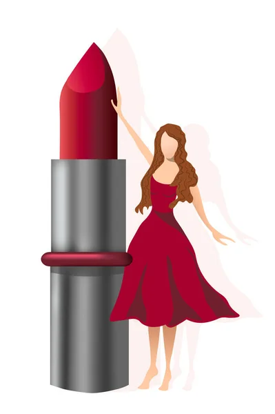 Молода жінка в червоній сукні тримає гігантську помаду — стоковий вектор