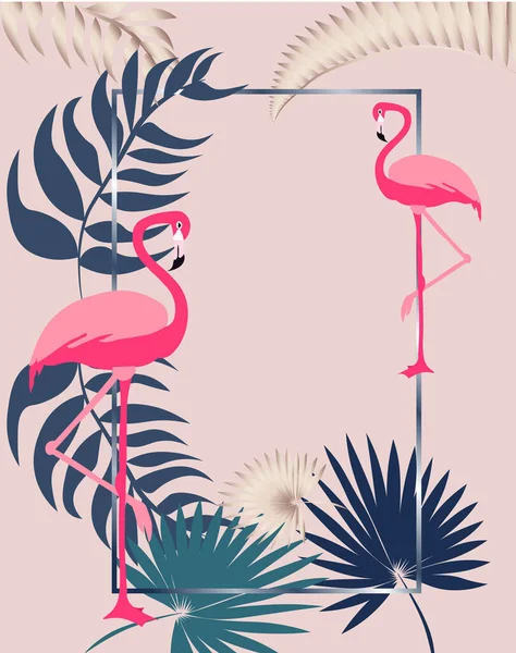 Różowa kartka okolicznościowa flamingowa z liśćmi i prostokątną ramą — Wektor stockowy