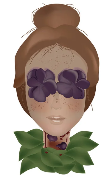 Junges Mädchen mit grünen Blättern am Hals und blumenbedeckten Augen — Stockvektor