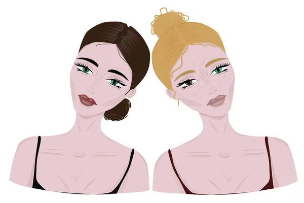 Dos gemelas jovencita, rubia y morena con ojos de diferentes colores — Vector de stock