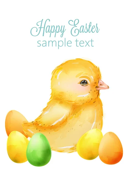 Aquarelle joyeuse Pâques jaune petit canard aux œufs colorés — Image vectorielle