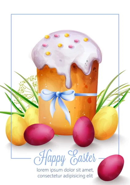 Veselé Velikonoce s prázdninovým chlebem, zelenou trávou a pestrobarevnými vejci — Stockový vektor