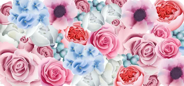 Orkide, şakayık çiçeği, gül ve böğürtlen içeren çiçek kompozisyonu