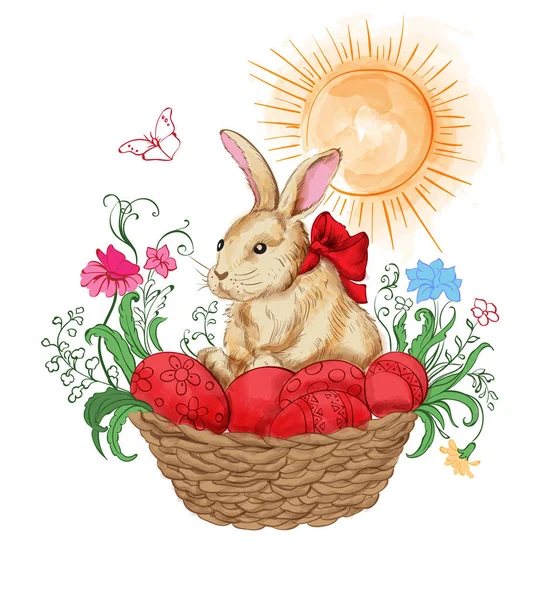 Lapin aquarelle dans un panier avec des œufs de Pâques rouges. Fleurs et soleil brille sur le fond — Image vectorielle
