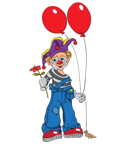 Mime clown met cupcake en kleurrijke ballonnen lachend en zwaaiend — Stockvector