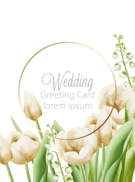 Svatební přání se smetanovým máslovým máslem a zvonečky se zelenými listy dekorace — Stockový vektor