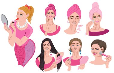 Pembe elbiseli kadın portreleri makyaj yapıyor. Saç fırçalamak, ruj sürmek, pudralanan yüz.