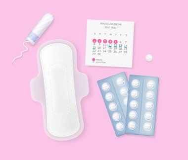 Bir dizi kadın adet döngüsü hijyen ürünleri. Hijyenik peçete, tampon, hap. Takvim. Pembe arka plan. Vektör