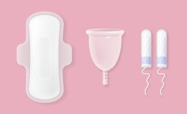 Set of female menstrual cycle sanitary napkins, tampons and cup on rose background. Vector clipart