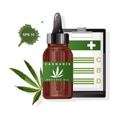 Marihuana yapraklı organik kenevir yağı. Kağıt panoda CBD avantajları. Vektör