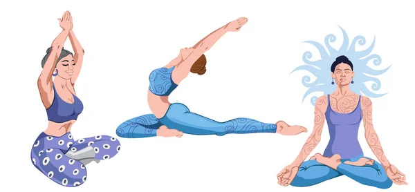 Een stel volwassen vrouwen in leggings en shirt die yoga doen. Uitrekken en mediteren — Stockvector