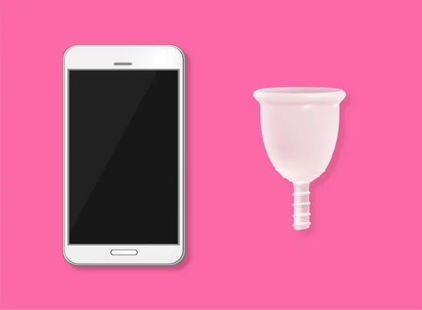 Menstruation Sanitär Kopp Och Smart Telefon Sammansättning Rosa Bakgrund Vektor — Stock vektor