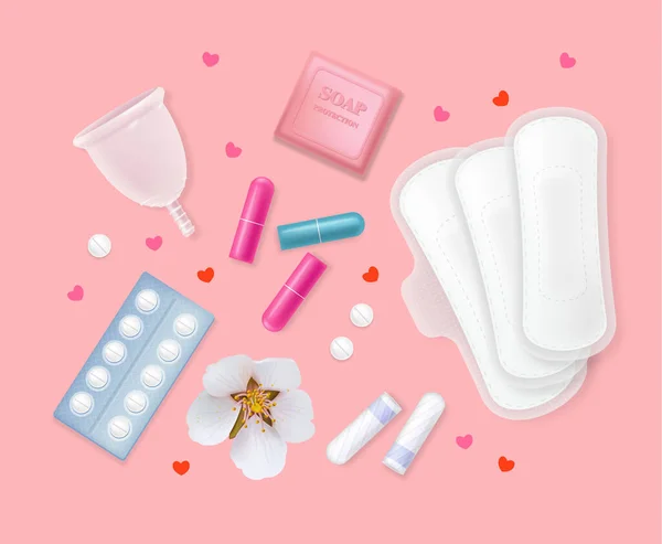 Set Von Hygieneprodukten Für Den Weiblichen Menstruationszyklus Sanitärservietten Tampons Pillen — Stockvektor