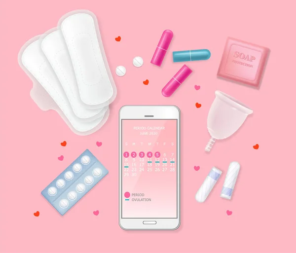Uppsättning Hygienprodukter För Kvinnliga Menstruationscykler Telefon Med Kalender Sanitära Servetter — Stock vektor