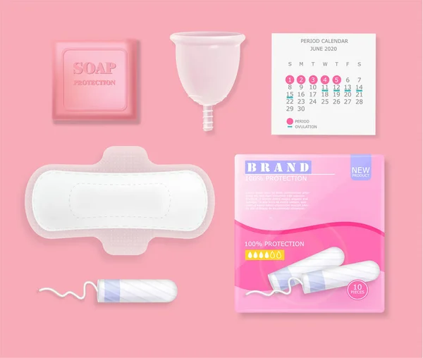 Uppsättning Hygienprodukter För Kvinnliga Menstruationscykler Sanitära Servetter Tamponger Piller Kalender — Stock vektor