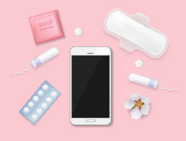 Uppsättning Hygienprodukter För Kvinnliga Menstruationscykler Telefon Med Kalender Sanitära Servetter — Stock vektor