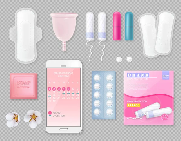 Sada Produktů Menstruačního Cyklu Hygienickým Ubrouskem Šálkem Tampóny Mýdlem Pilulkami — Stockový vektor