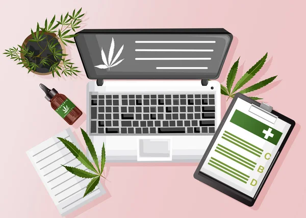 Cannabissamenstelling Met Biologische Cbd Olie Paperclipboard Marihuana Site Laptop Vector — Stockvector