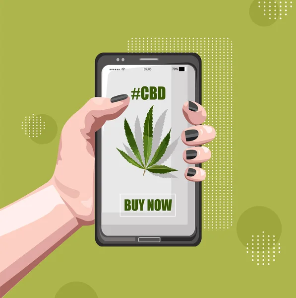 Marihuana Online Kopen Met Smart Phone App Vrouwenhanden Vasthouden Groene — Stockvector