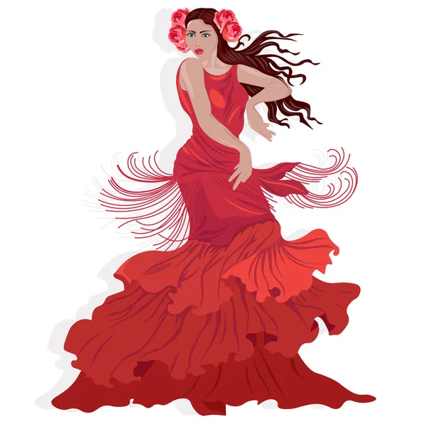 Красива Леді Червоній Сукні Трояндовими Квітами Волоссі Танцює Східними Рухами — стоковий вектор