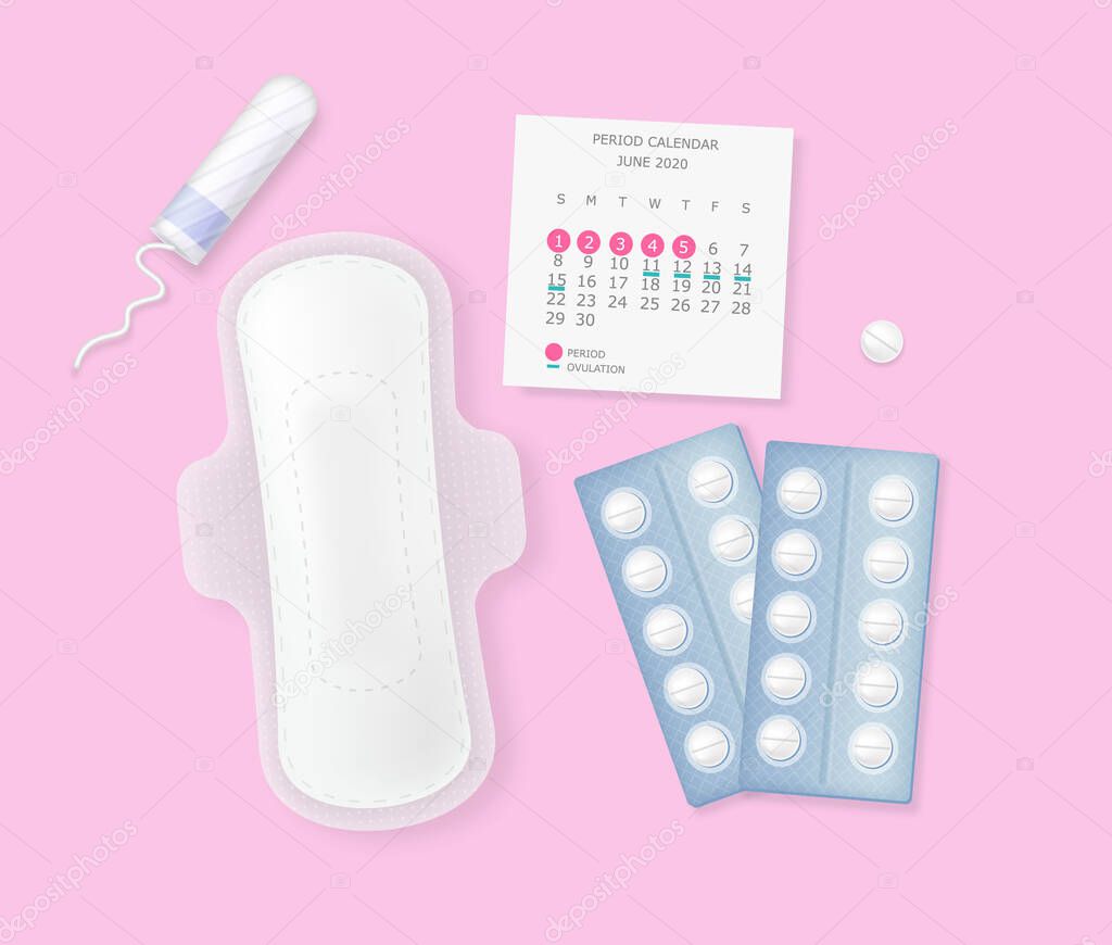 Set of female menstrual cycle hygiene products. Sanitary napkin, tampons, pills. calendar. Pink background. Vector