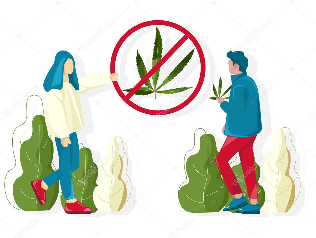 People fighting against cannabis usage in public places. Vector