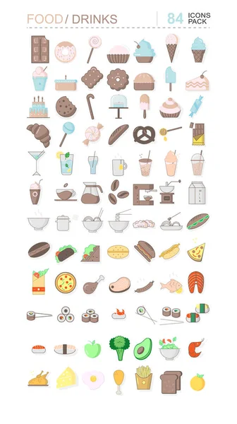 Pacote de ícones de comida e bebidas. Doces, pão, café, carne, peixe e legumes — Vetor de Stock