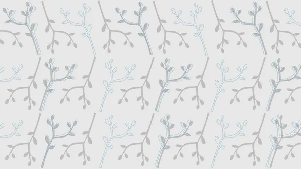 Textura de arte lineal de ramas azules con hojas sobre fondo gris — Vector de stock