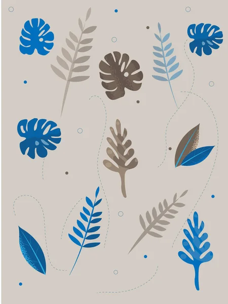 Kleurrijke blauwe en grijze tropische bladeren met stippellijnen op de achtergrond — Stockvector