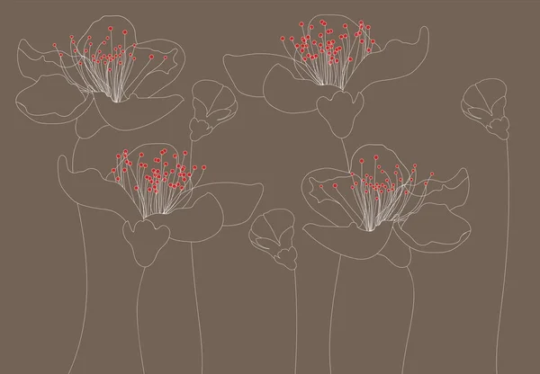 Linienkunst umriss Lilienblüten mit roten Teppichen. Dunkelbeiger Hintergrund — Stockvektor