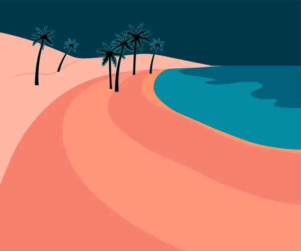 带棕榈叶的粉色浪漫海滩和黎明时分的蓝色大海 — 图库矢量图片