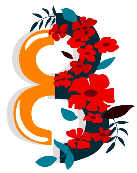 Número 8 adornado con flores y hojas rojas. Día de las mujeres — Archivo Imágenes Vectoriales