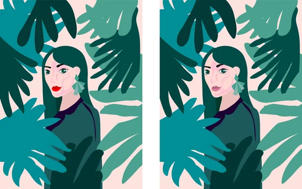 Lady με πράσινα σκουλαρίκια και στολή σε ένα τροπικό δάσος γεμάτο φύλλα — Διανυσματικό Αρχείο
