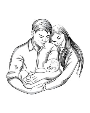 Güzel mutlu aile anları. Anne ve baba huzur içinde bebeklerinin uyumasını izliyor.