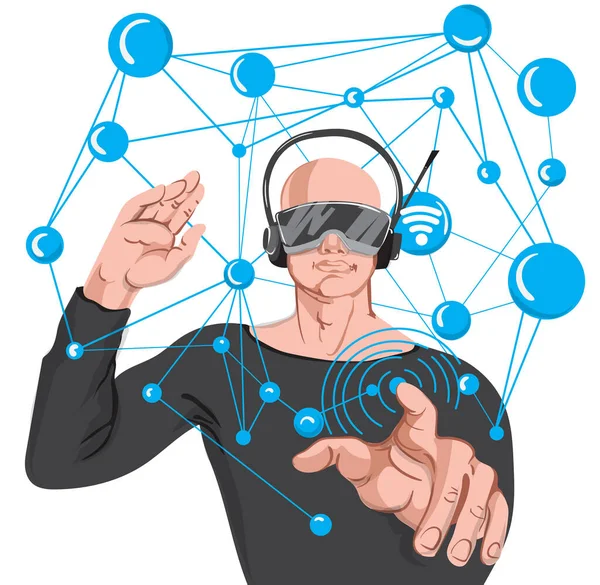 Uomo con tecnologia avanzata VR occhiali. Uomo calvo cartone animato in occhiali da sole neri e cuffie fare connessioni internet wireless — Vettoriale Stock