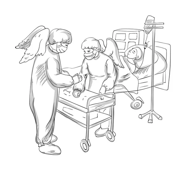 Dois médicos com asas de anjo a falar sobre como curar o paciente. Vírus Corona. Arte de linha. Vetor —  Vetores de Stock